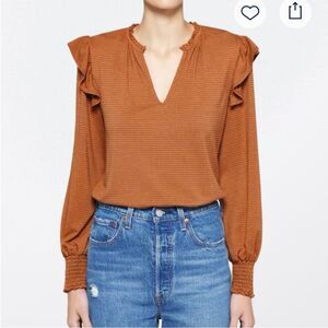 Kaileigh Rust Ruffle Sleeve Top Plaid Checkered Orange Ruched Sleeve medium NWOT